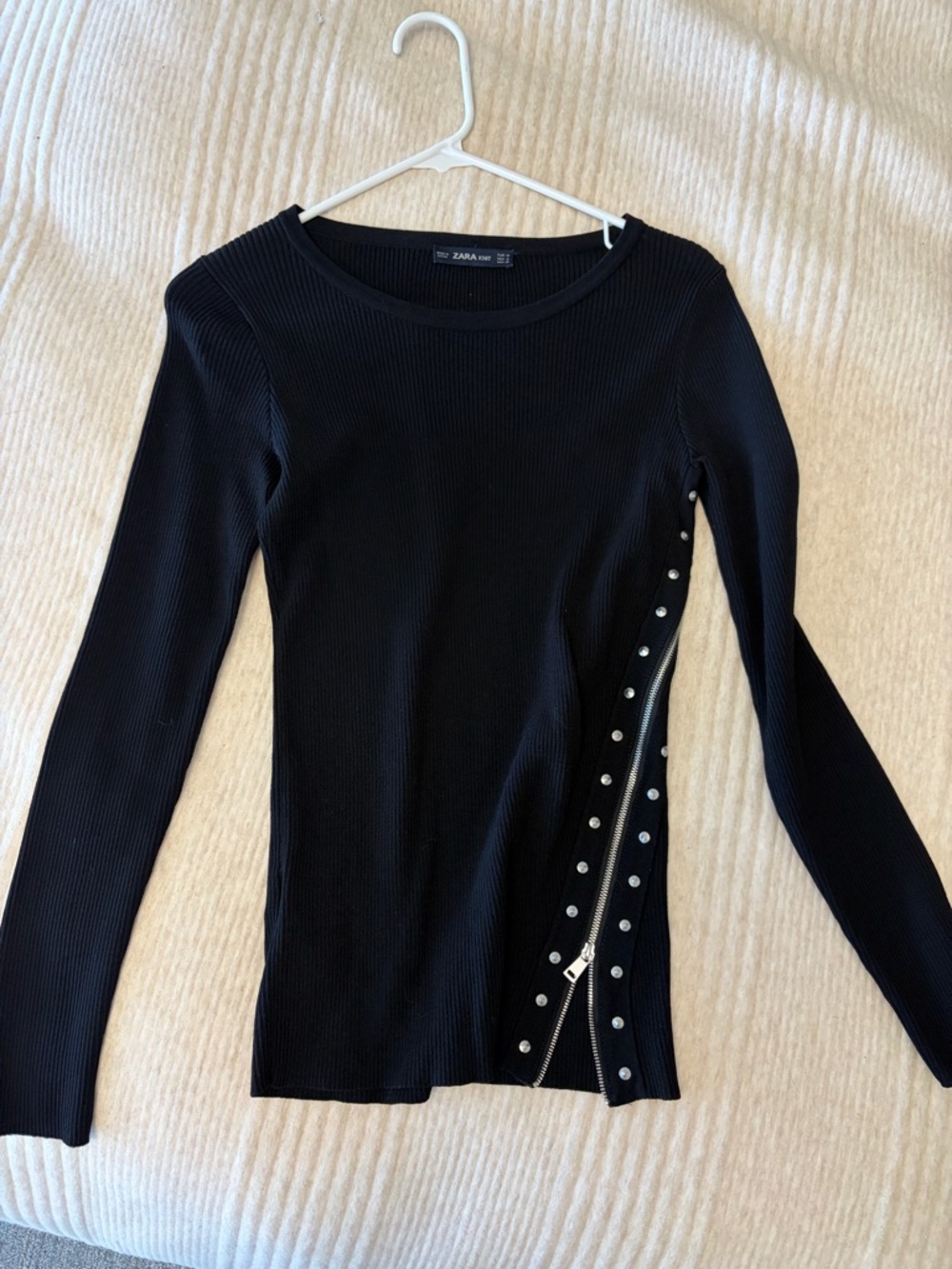 Zara Black Ribbed Long Sleeve Top with Asymmetric Side Zip and Studs